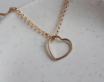 14K Gold filled floating open heart necklace, delicate chain