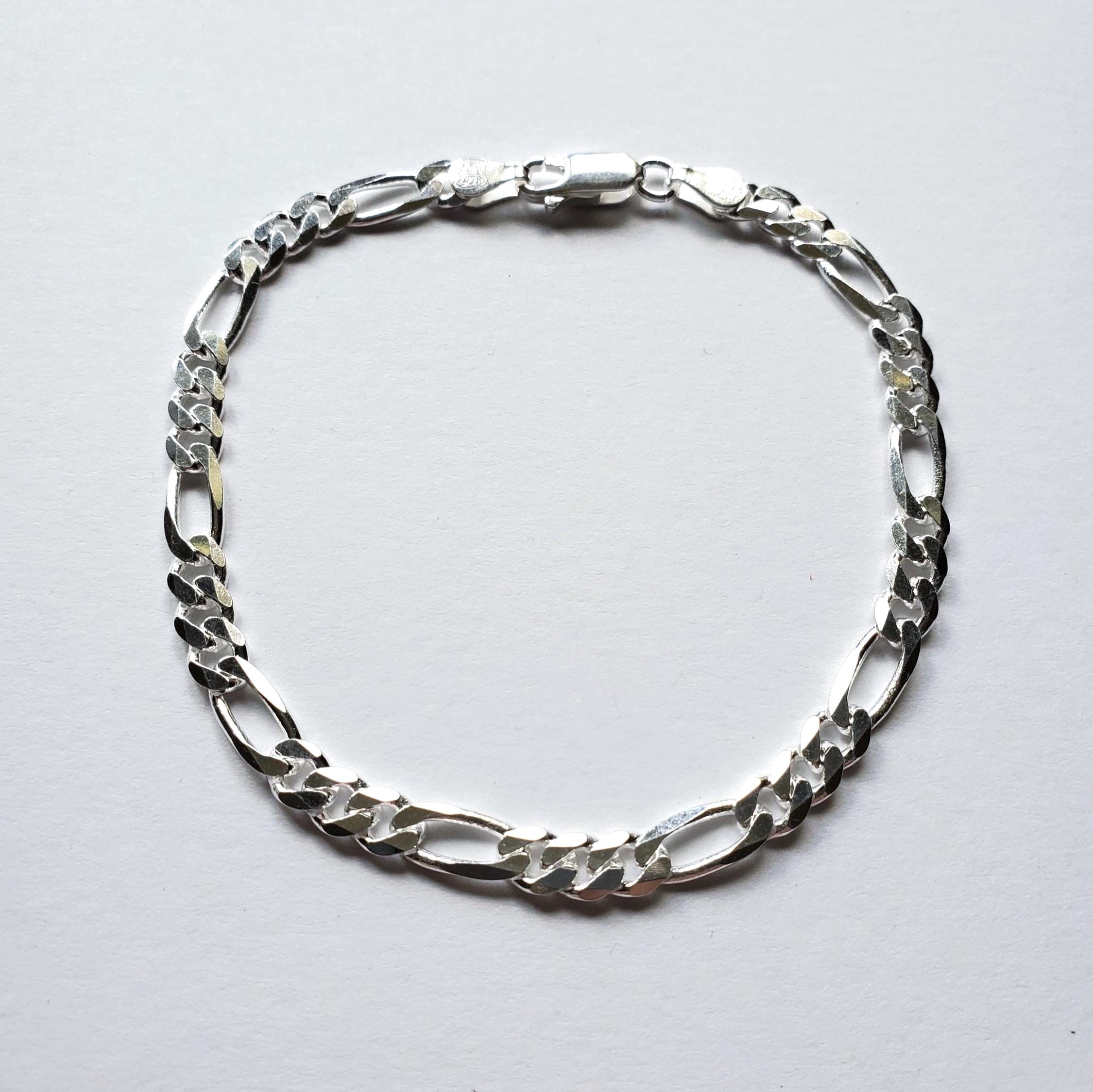 Sterling Silver Figaro Chain Bracelet, 4.3mm Width, Chunky Jewelry