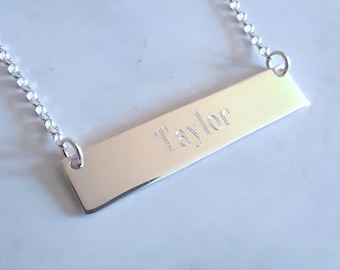 Sterling silver engravable bar necklace, personalized name, roman numerals, wedding date, initials