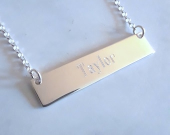 Engraved horizontal bar necklace in sterling silver, birthday gift, personalized custom name, roman numerals, wedding date, initials