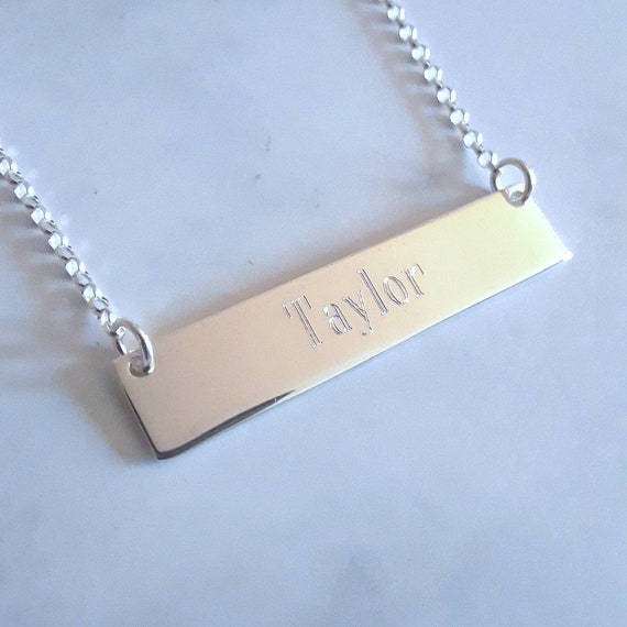 Engraved horizontal bar necklace in sterling silver