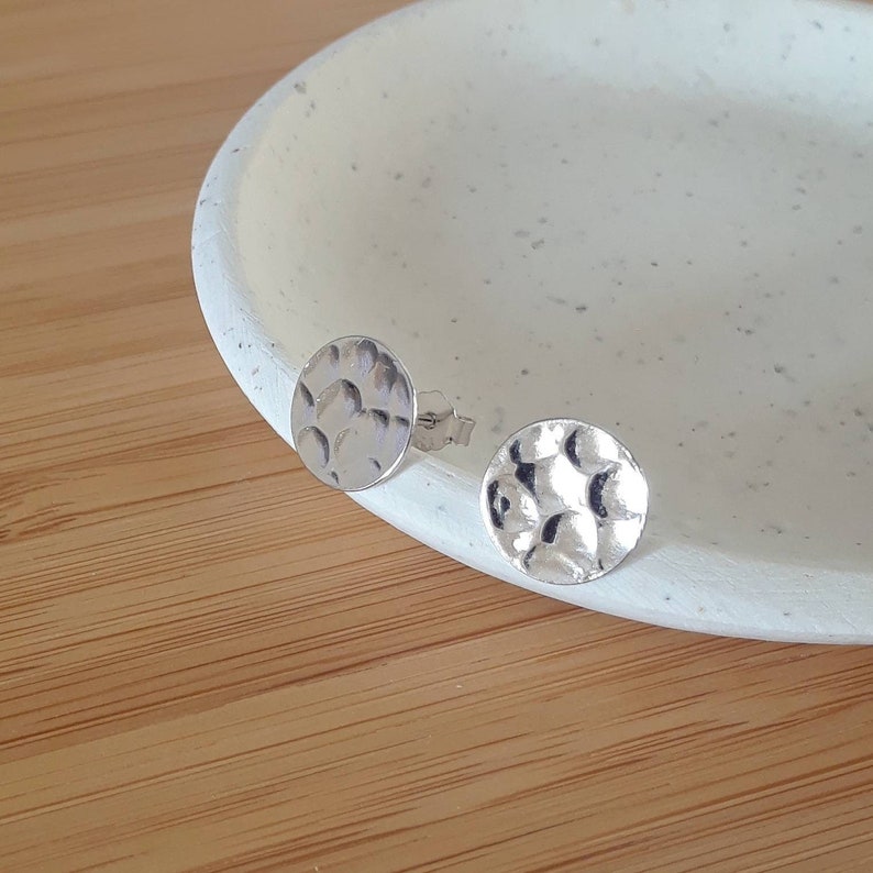 Sterling silver disk studs, silver disk earrings, round silver studs, 9mm hammered disk, dainty circle studs, dot earrings, simple earring image 1