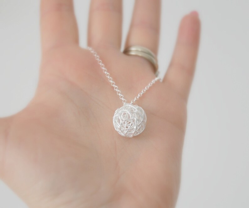 Tangled ball necklace, sterling silver wire wrapped yarn ball pendant, knitting ball, long layering necklace, modern jewelry, birthday gift image 3