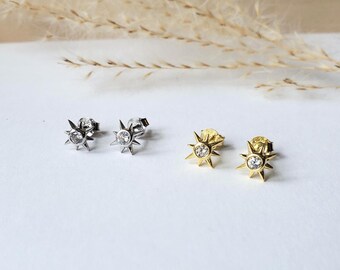 Sterling silver northern star stud earrings, gold vermeil, cubic zirconia