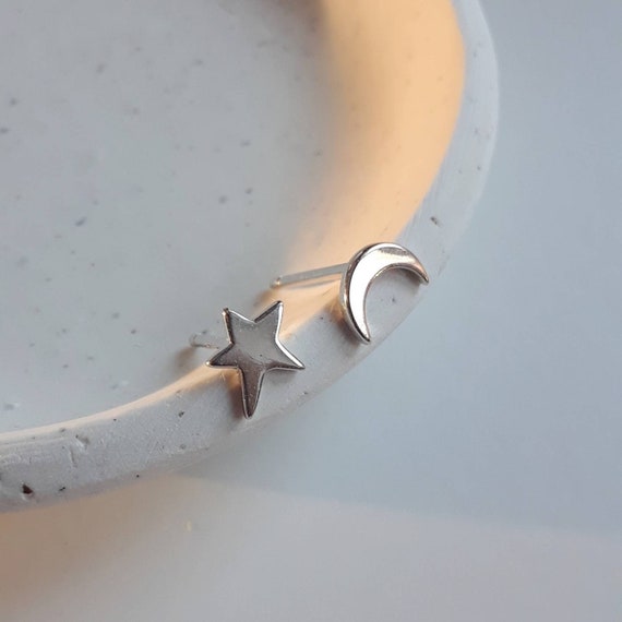 Sterling silver star and moon stud earrings