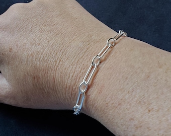 Sterling silver oval paperclip chain bracelet, trendy chunky jewelry