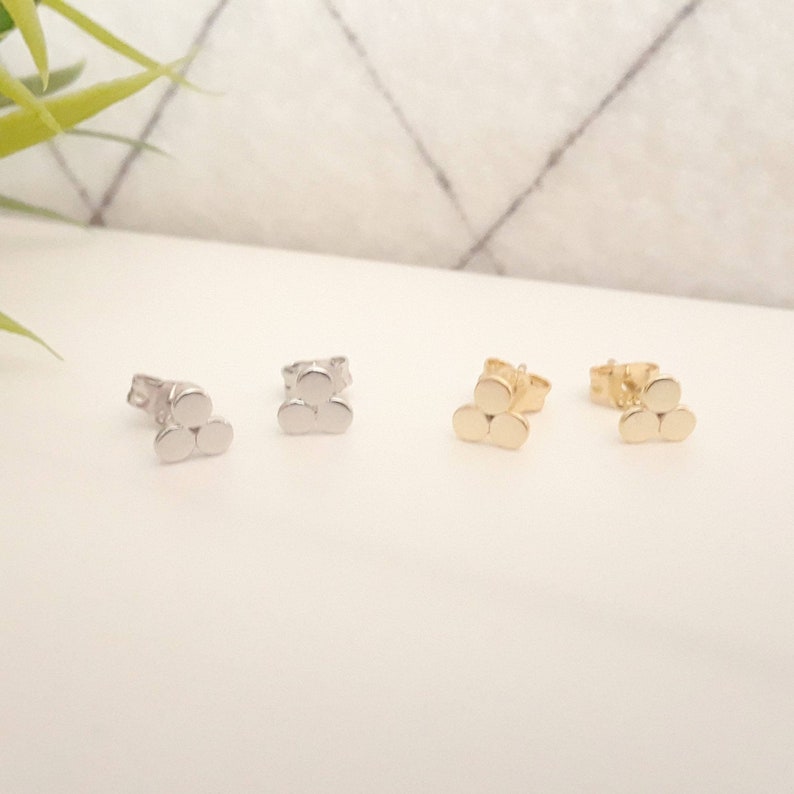 Gold stud earrings, tiny gold triangle studs, minimalist earrings, sterling silver cluster sphere earrings, silver studs, second piercing image 3