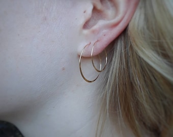 Gold hoops, thin hoops, delicate hoops, simple dainty earrings, flat gold everyday hoop earrings, wire hoops, minimalist hoops