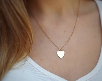 Gold heart necklace, flat heart pendant, small heart charm, girls heart necklace, classic jewelry, gift for her, best friend, heart jewelry