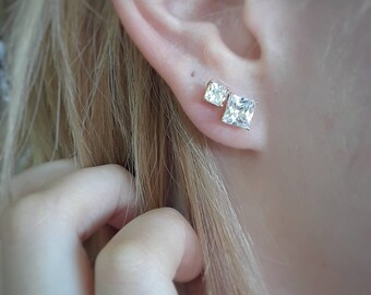 Tiny diamond earrings, 4mm cz studs, round cubic zirconia studs, square diamond studs, gold vermeil studs, crystal studs, diamond solitaire