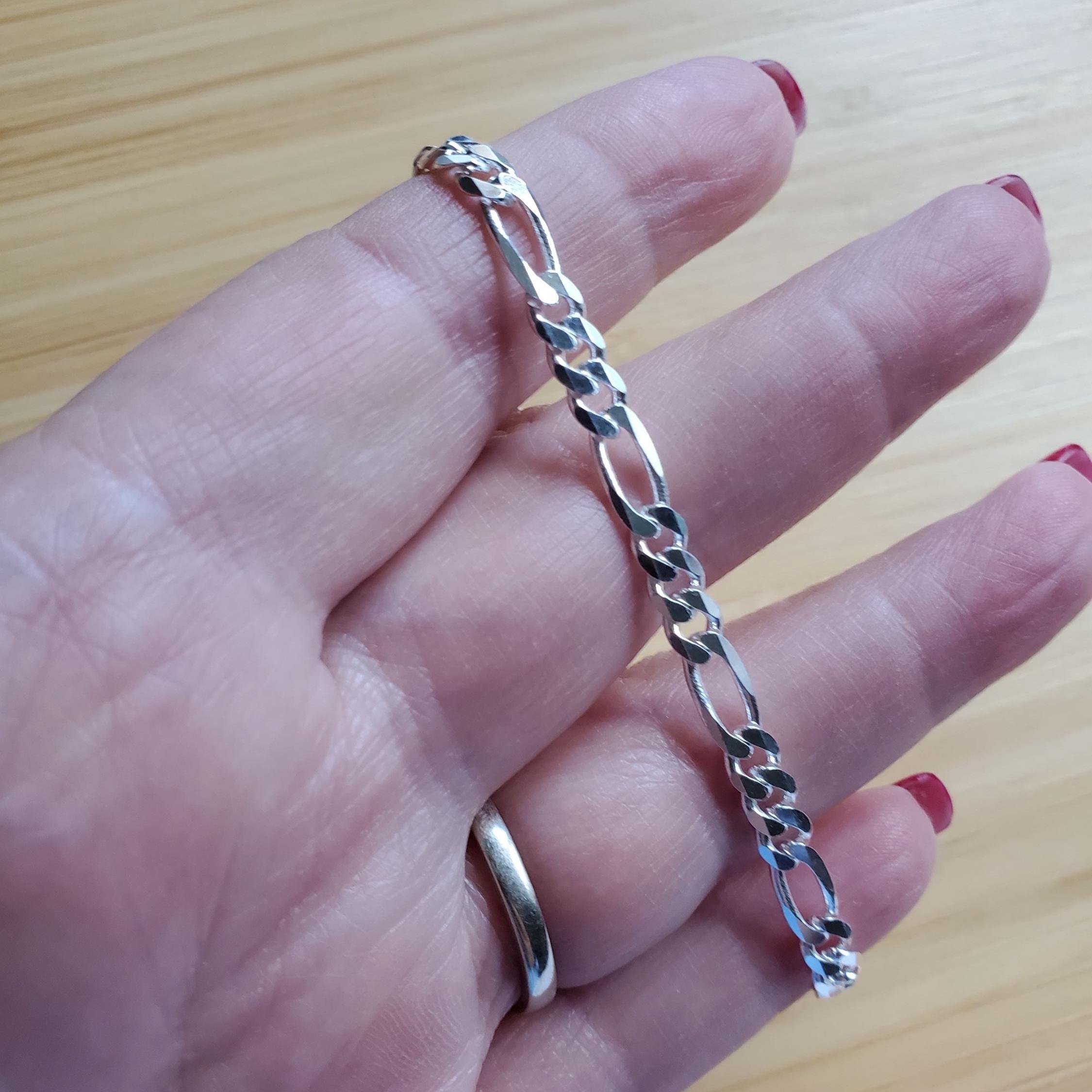 Sterling Silver Figaro Chain Bracelet, 4.3mm Width, Chunky Jewelry 