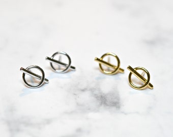 Circle and bar stud earrings, sterling silver or gold, minimalist modern jewelry