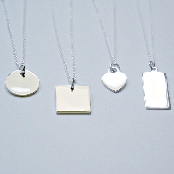 Personalized sterling silver necklace, engraved heart, disk, or hexagon pendant