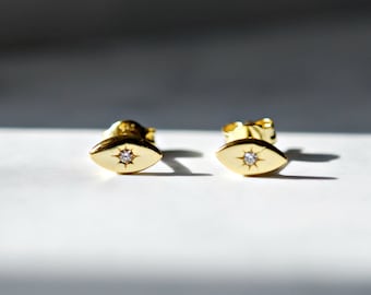 Evil eye stud earrings, sterling silver or gold vermeil, cubic zirconia, amulet jewelry