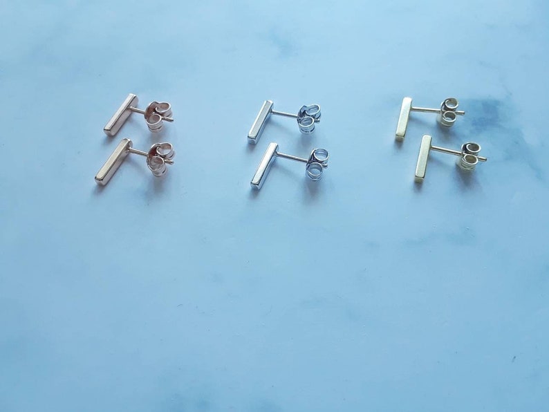 Bar stud earrings, sterling silver bar earrings, gold bar, rose gold studs, mini bar, 10mm bar, minimalist earrings, modern silver studs image 2