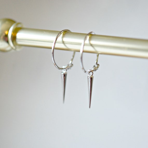 Sterling silver hoops, silver spike earrings, spike huggie hoop, dangling spike hoop earrings, minimalist jewelry, modern earrings for her