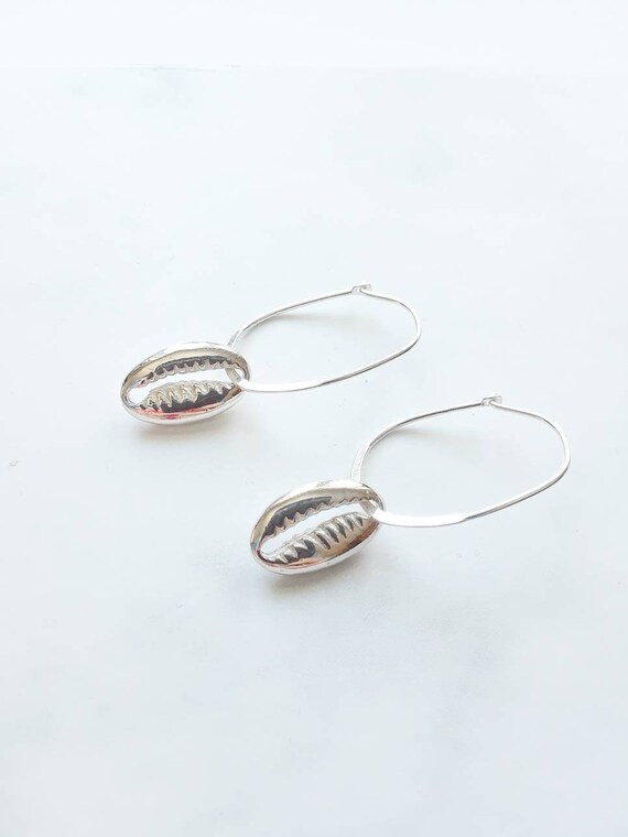 Sterling silver cowrie shell hoop earrings