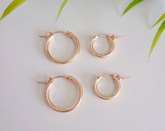 Gold hoop earrings, 13mm or 18mm diameter, simple hoops, latchback closure, eurowire 14K goldfill hoops, lightweight hoops, minimalist hoops