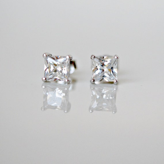 Cubic zirconia square stud earrings in sterling silver - 4, 5, 6mm