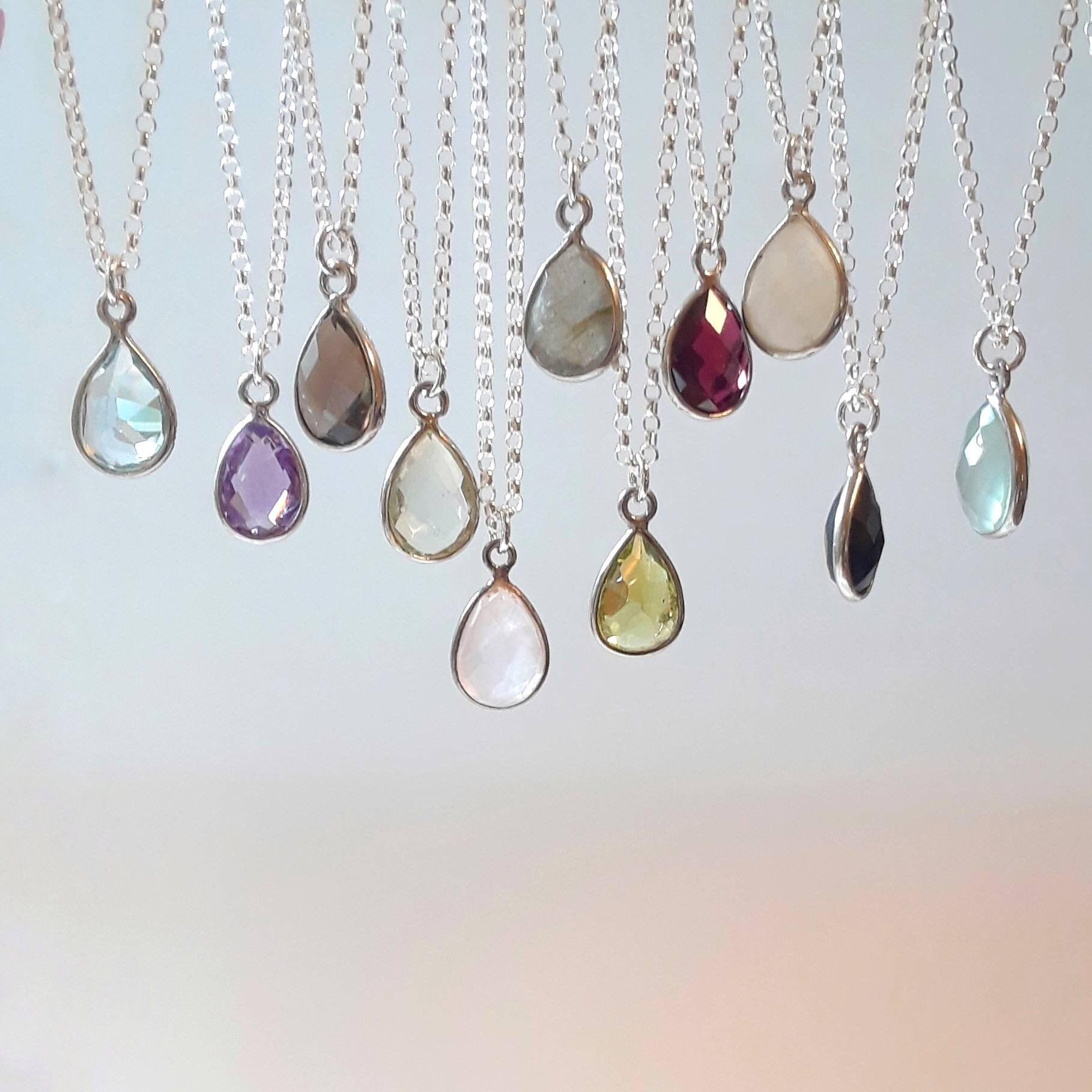 Gemstone Teardrop Necklace in Amethyst, Labradorite, Rose Quartz, Black  Onyx, Garnet, Moonstone, Peridot, Blue Topaz, Sterling Silver Chain - Etsy