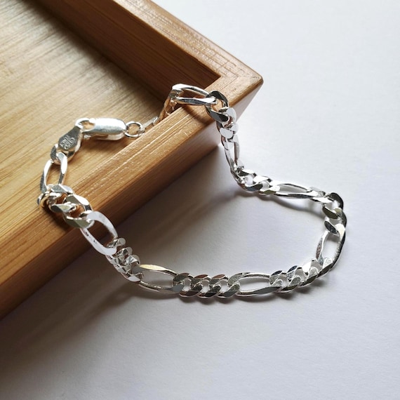 Sterling Silver Figaro Chain Bracelet, 4.3mm Width, Chunky Jewelry