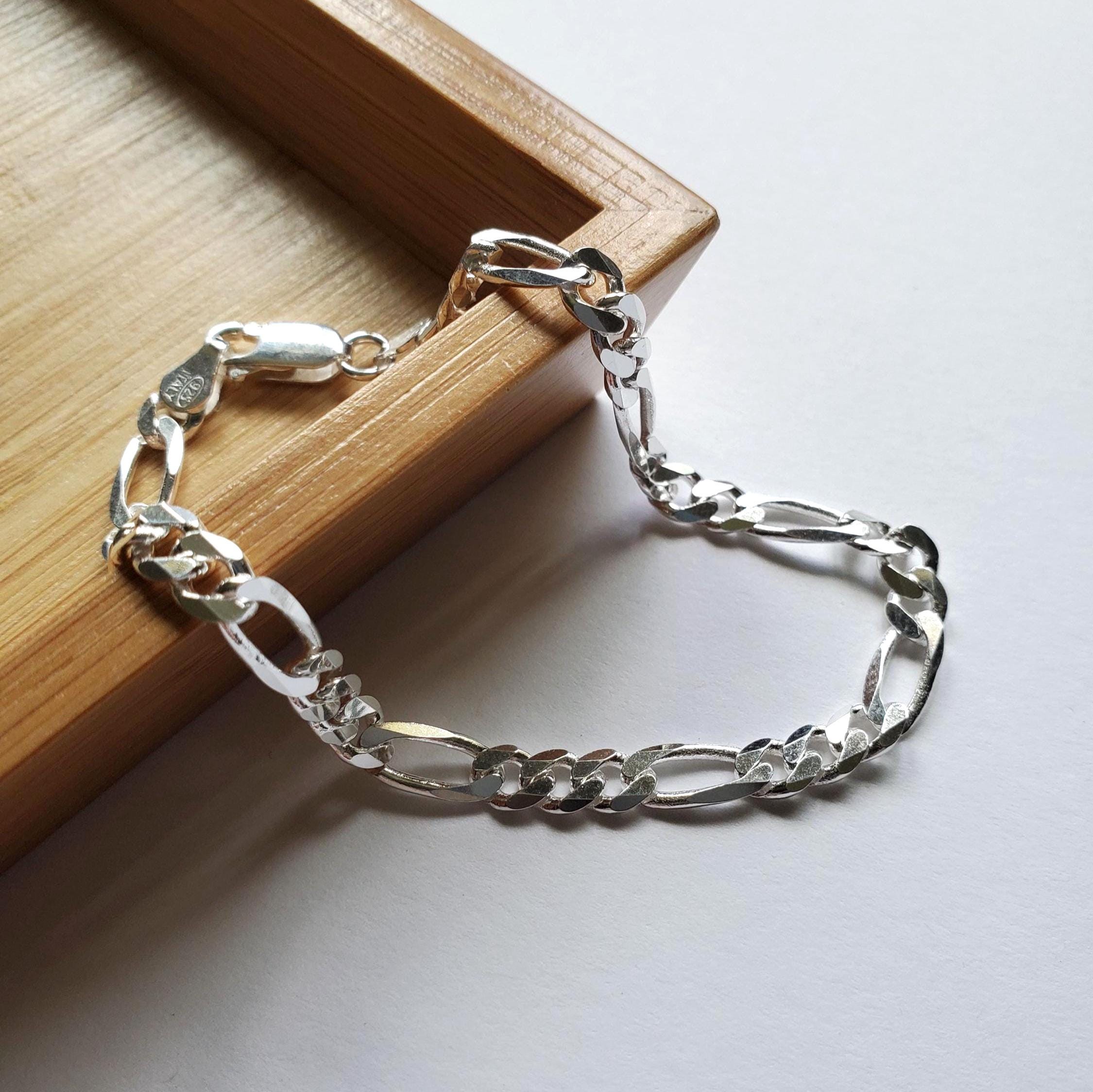 Sterling Silver Figaro Chain Bracelet, 4.3mm Width, Chunky Jewelry