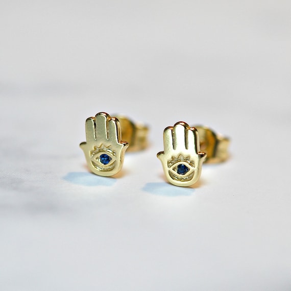 Hamsa hand stud earrings with cubic zirconias