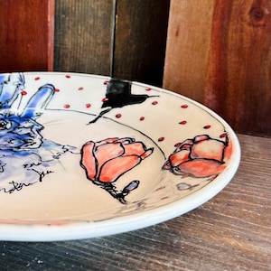Handmade Ceramic Plate Blue  Bunny Rabbit Red Tulip  Illustrated Art Pottery M2558
