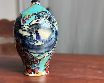 Blue Yellow Illustrated Vase Bird Painted