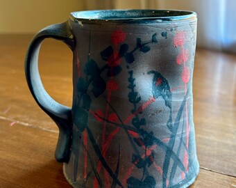 Chocolate Coffee Mug Cup Hand Painted Red Black Bird