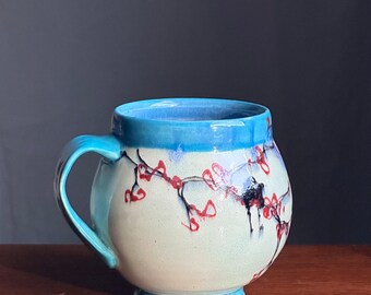 Cherry Blossom Belly Mug with Turquoise Rim Coffee Mug A24