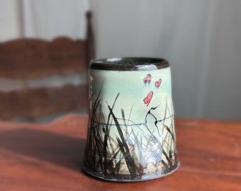 Prairie Grass Blue Sipper Tumbler Cup Bird