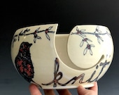 SALE Yarn Bowl Stoneware Handmade Bird Illustration Robin Knitting Bowl 0177