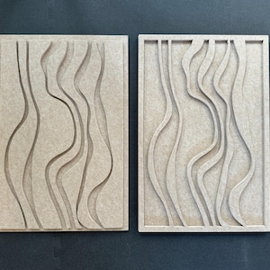 Może przedstawiać: Dwa beżowe prostokątne panele ścienne z wypukłym, falistym wzorem. Panele wykonane są z fakturowanego materiału i mają subtelny rysunek drewna.
