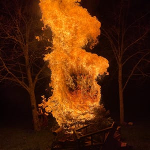 May include: A large bonfire burns brightly against a dark night sky. The flames are tall and orange, reaching up towards the trees in the background.