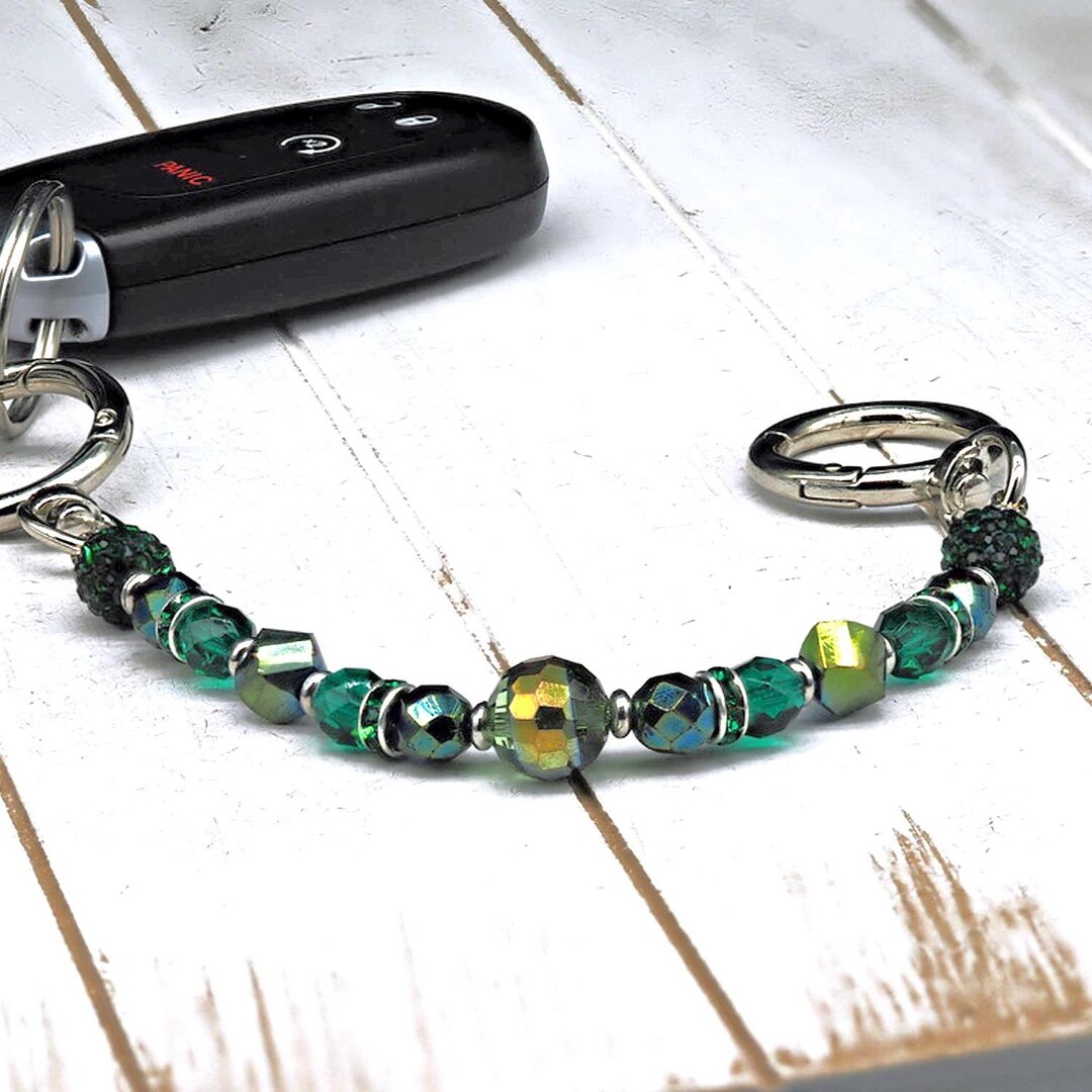Key Card Tether Emerald Beaded Key Tether: Handmade Fob Keychain Bag Charm Purse Chain ...