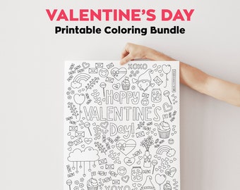 Valentine's Day Coloring Poster Printable Bundle | Valentine Coloring Sheet Page | Valentine's Day Kid's Coloring Activity | Family Fun