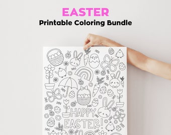 Easter Coloring Page Poster Printable Bundle, Easter Bunny, Flowers, Easter Egg Coloring Printable Download