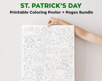 St Patrick's Day Coloring Pages Poster Bundle Printable Download, Giant Coloring Page, Leprechaun Lucky Irish Shamrock Coloring Page