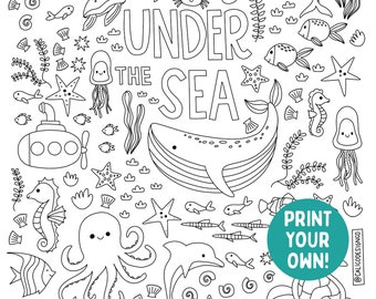 Under The Sea Ocean Life Coloring Page Poster Printable Bundle, Whale Shark Octopus Turtle Sea Life Submarine Fish Printable Download