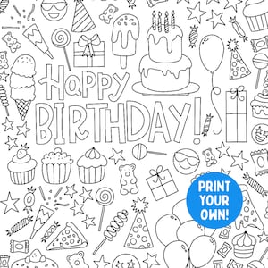 Fiesta de cumpleaños para colorear página cartel archivos digitales imprimibles, cumpleaños de bricolaje, diversión familiar de feliz cumpleaños, actividad de favor de fiesta