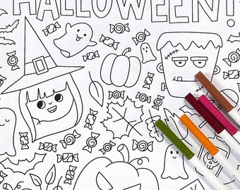 Halloween Coloring Pages Poster Printable, Kids Activity, Witch Frankenstein Pumpkin Ghost Trick or Treat Giant Halloween Printable