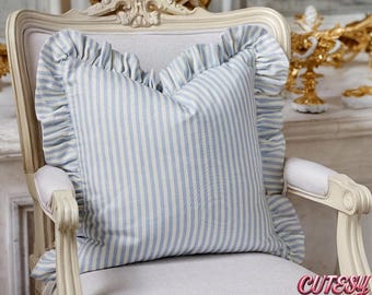 Striped, Gingham Ruffle Pillow Cover – Soft Cotton Cushion Case for Bed, Sofa, or Nursery – Cottagecore & Shabby Chic Decor
