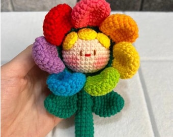 Handmade Crochet Rainbow Flower Keychain, Smiling Face Amigurumi, Colorful Bag Charm, Cute Gift for Flower Lovers, Unique Accessories