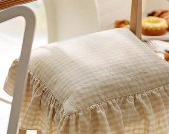 Linen gingham ruffle chair cover, farmhouse dining chair seat protector, vintage style checkered seat cover,cozy kitchen chair decor