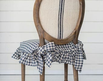 Rustic Linen Gingham Chair Cover with Ruffled Skirt and Bows, French Country Dining Chair Slipcover, Farmhouse Seat Cushion Cover