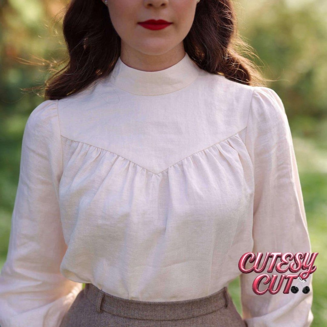 Victorian Style Blouse for Women – Long Sleeve High Neck Vintage Cottagecore Linen Shirt