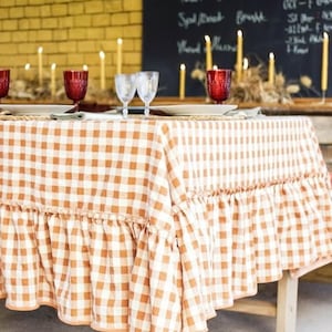 Linen gingham ruffle tablecloth, farmhouse kitchen decor, vintage checkered table cover, rustic dining table linen