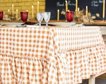 Linen gingham ruffle tablecloth, farmhouse kitchen decor, vintage checkered table cover, rustic dining table linen