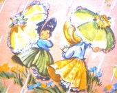 VINTAGE GIFT WRAP - SHOWER THEME, GIRLS WITH UMBRELLAS WALKING DOGS IN THE RAIN, 1940s
